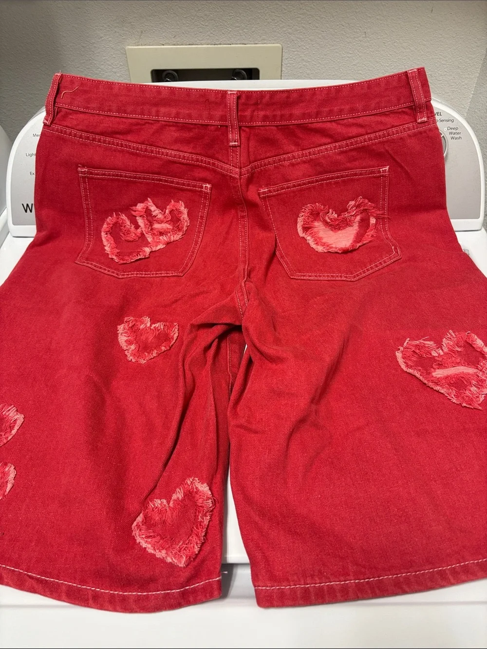 Fashion Nova red Denim Jorts  with Heart Patch - Picture 4 of 8